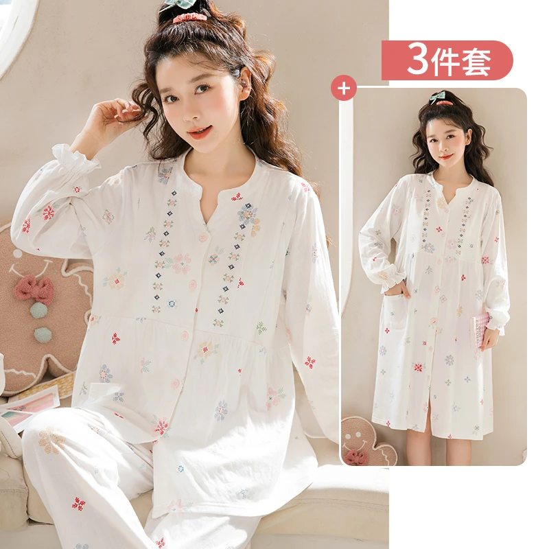 家时光月子服秋冬纯棉100%全棉孕妇睡衣11-3月产妇哺乳待产裙5552