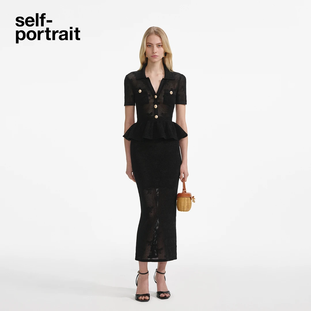 self-portrait 25秋新款流光风经典蝴蝶结钩针针织短袖连衣裙长裙