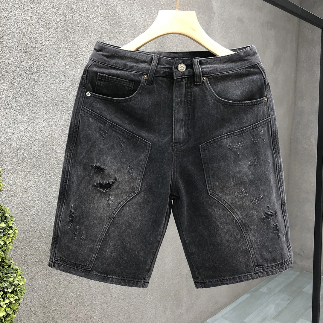 高品质黑灰色牛仔短裤男美式休闲五分裤2025夏季新款男士直筒中裤