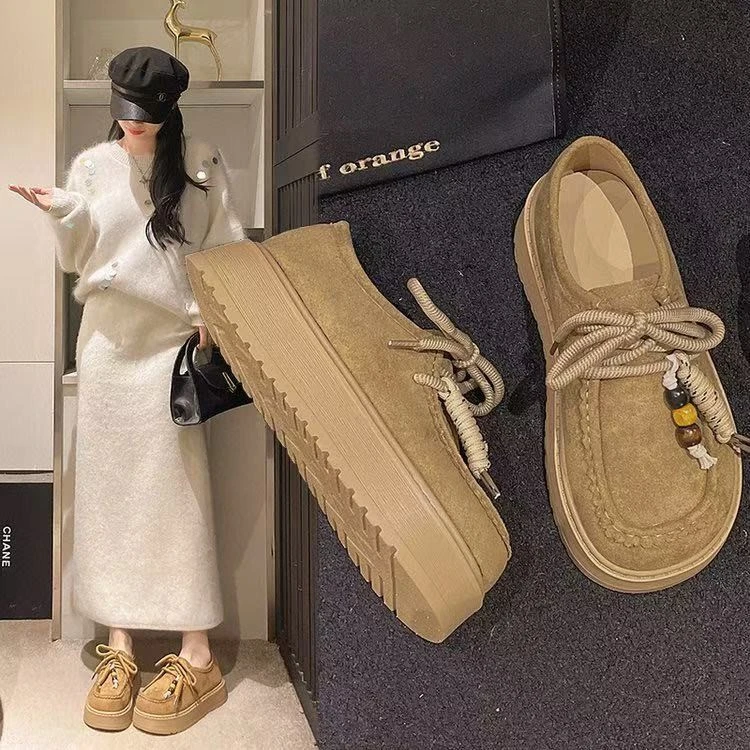 【陈秀秀女鞋】4CM复古厚底袋鼠单鞋女新款秋季休闲懒人系带勃肯鞋5