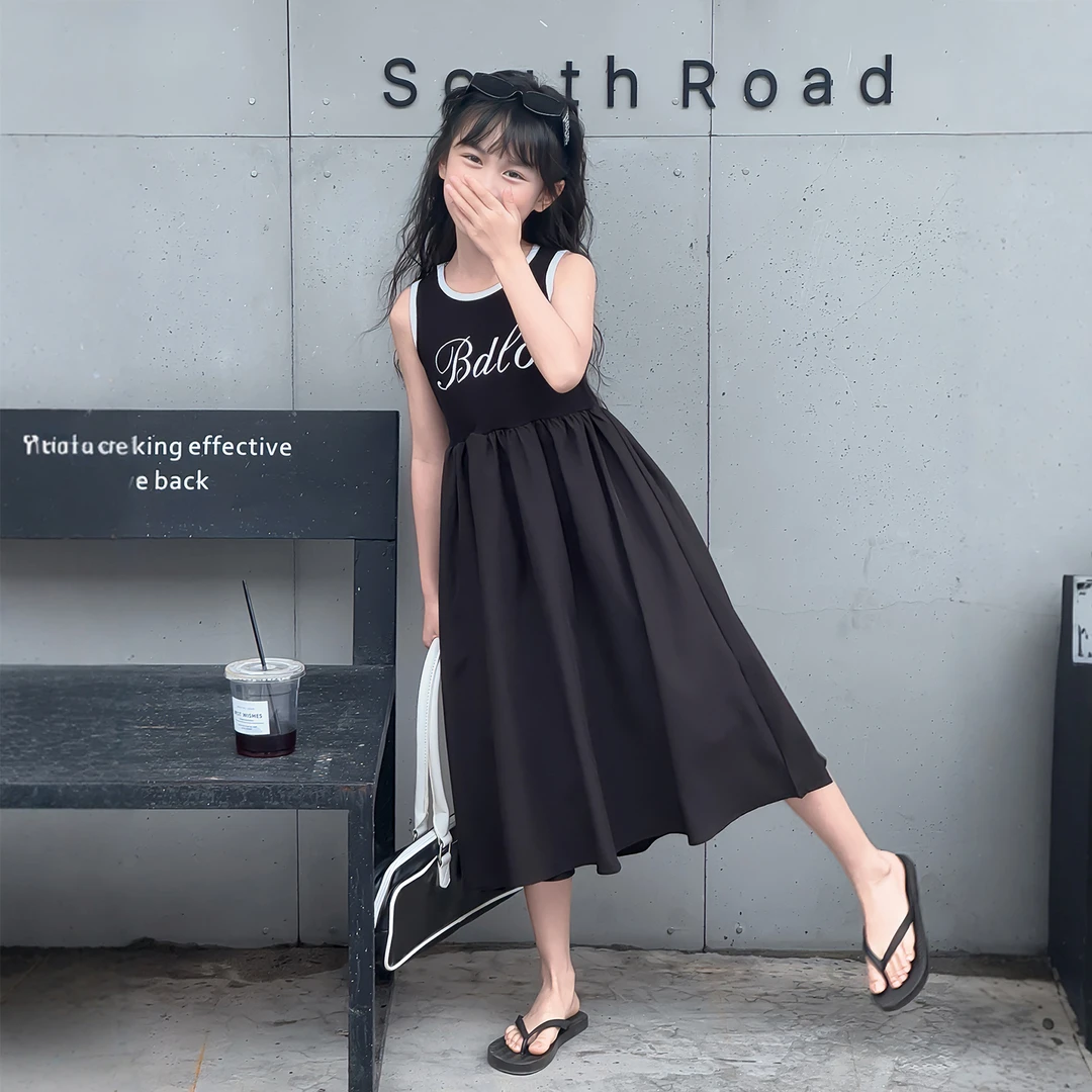 女童2025夏季新款连衣裙儿童黑色背心裙高级感小女孩夏装裙子洋气