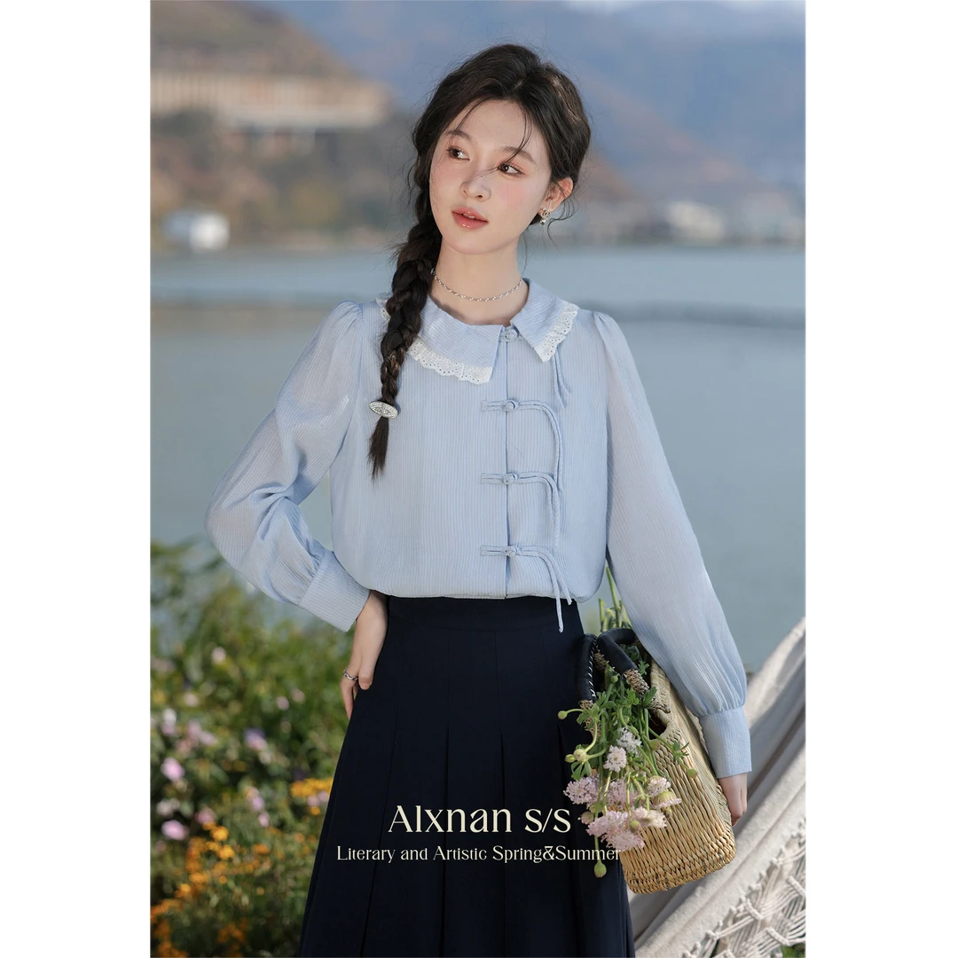 《文艺少女》国风长袖蓝色衬衫女新中式内搭打底衬衣L33738