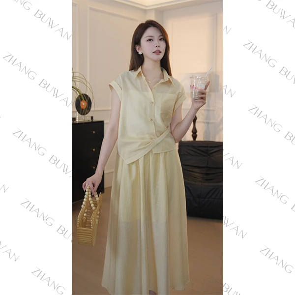 【张不晚专属】2025年夏季无袖衬衫上衣裙子套装气质长裙