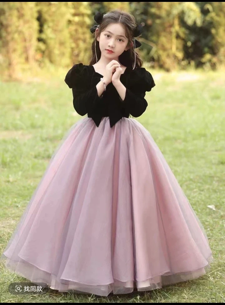 儿童秋冬丝绒高定礼服表演钢琴高端生日公主裙女童主持人钢琴演奏