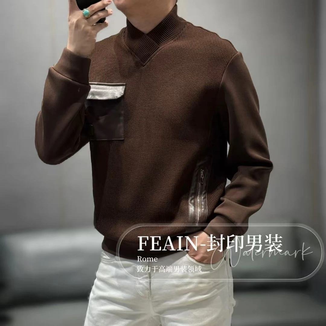 高端定制立体交叉领设计莫代尔粗针织拼接加绒男士卫衣9191