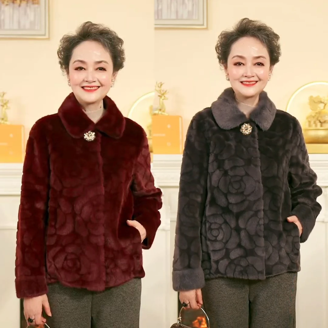 气质冬装中老年人秋冬时尚女装妈妈装上衣保暖仿水貂绒毛呢外套
