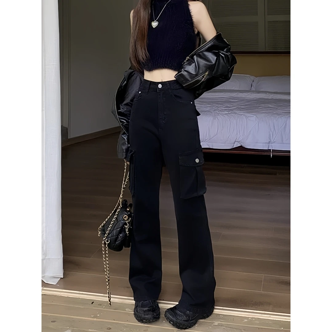 1307-黑色工装阔腿裤宽松2024高腰长裤修身显瘦休闲秋季直筒裤