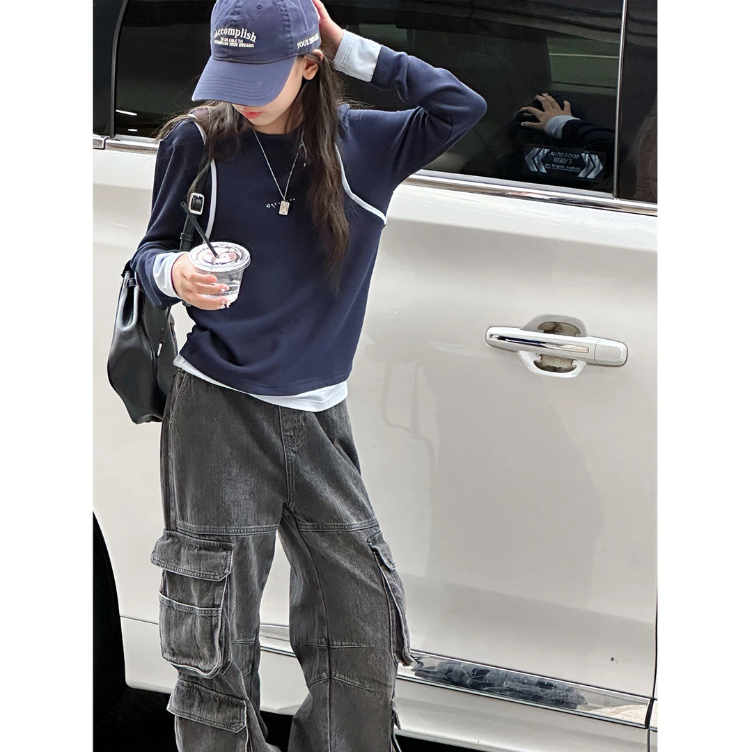 K29370孙小美假两件拼接女童长袖T恤2025秋装新款儿童打底衫上衣t