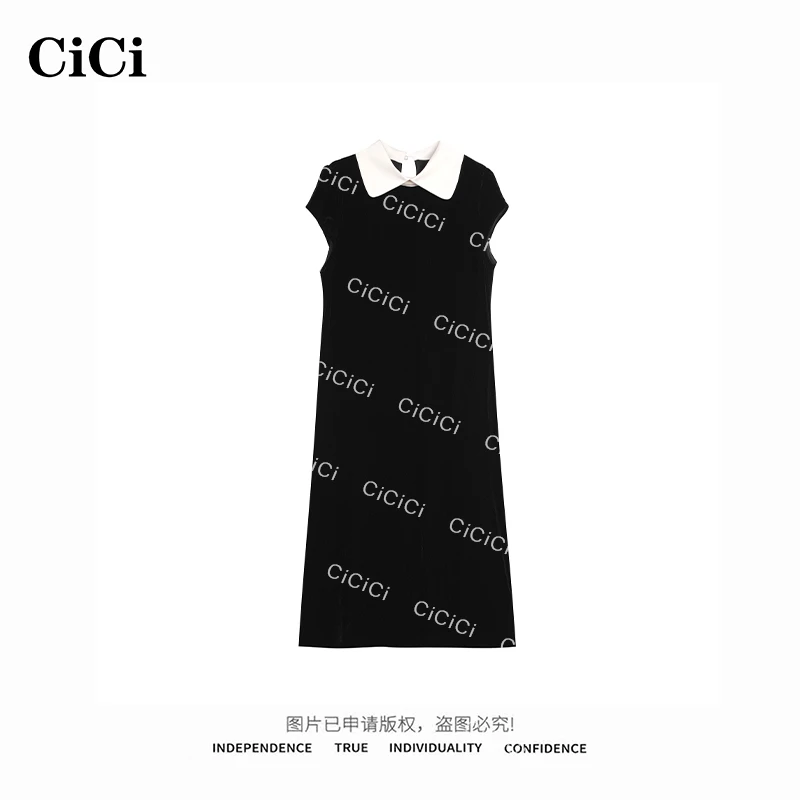 【CiCi酱】白月光 法式显瘦轻奢撞色气质真丝丝绒连衣裙 52601