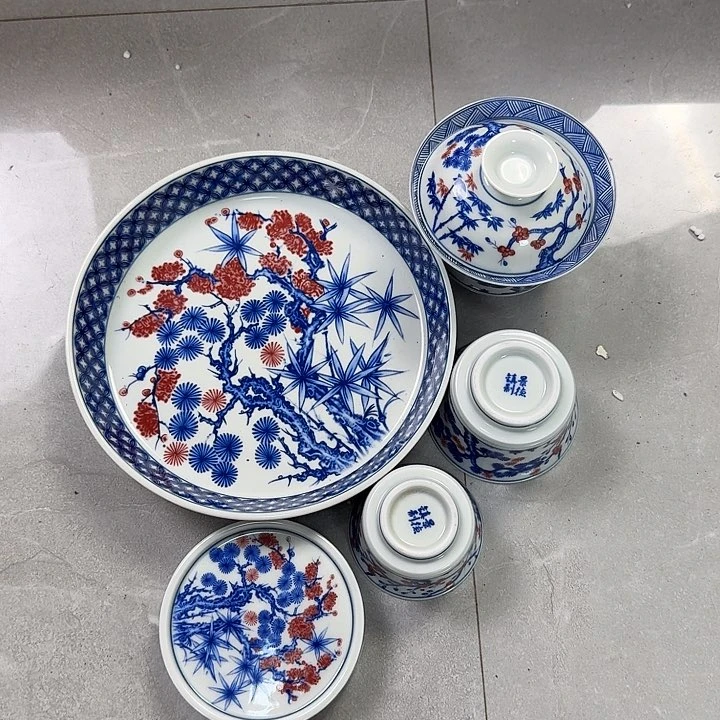 瓷片釉里红松竹梅五件套