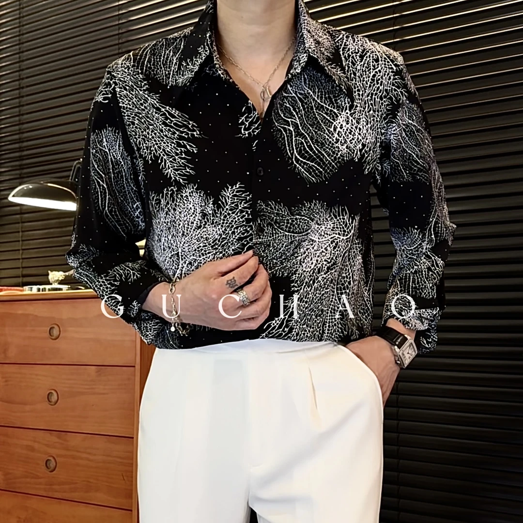 【Gc-古潮】-- 上新-潮流夏季男士复古印花冰丝烫钻宽松百搭衬衫