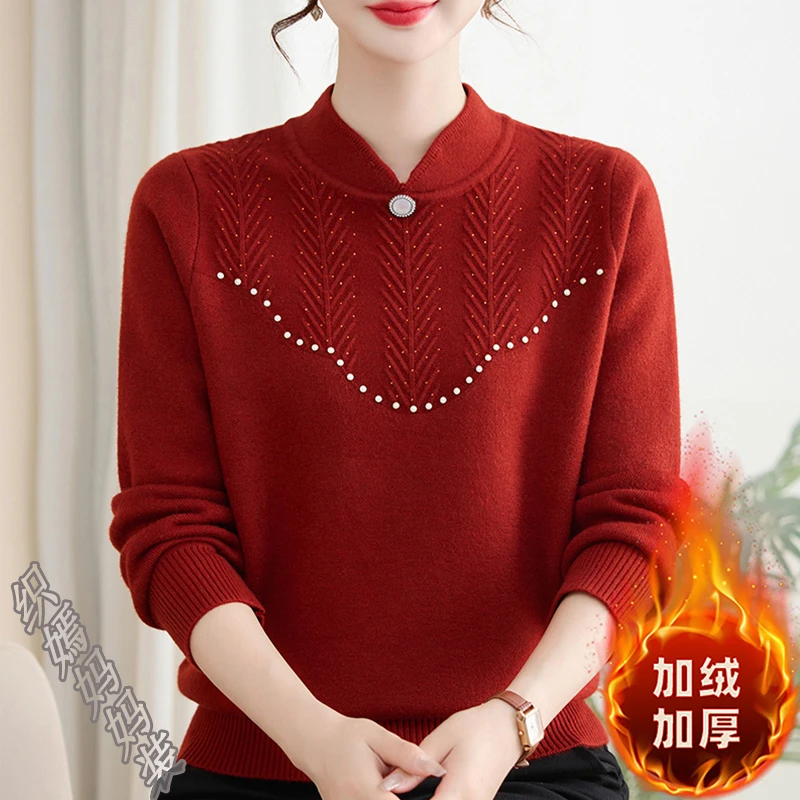 2025新款妈妈秋冬装加绒加厚针织打底衫中老年女装时尚立领毛衣
