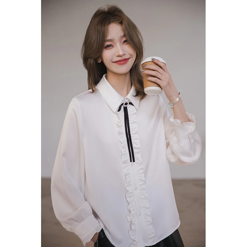 【法式衬衫】 可拆卸蝴蝶结胸针+花边 气质长袖设计感衬衣