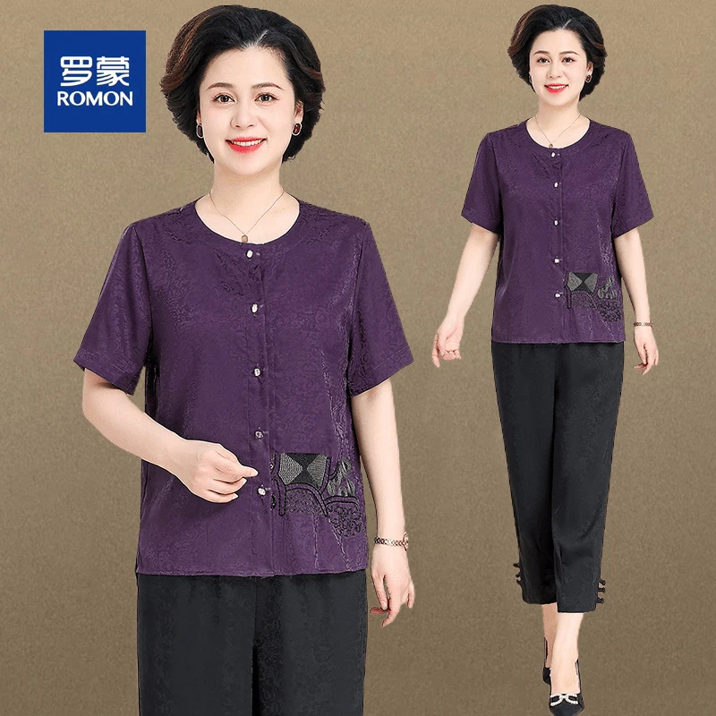 罗蒙时尚胖妈妈夏装气质中式小衫套装新款中老年奶奶装大码衬衫女
