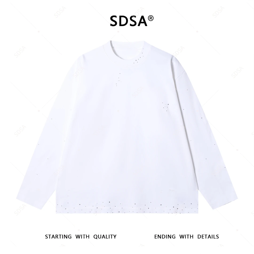 SDSA男士秋冬新款轻奢痞帅男装简约割破烫钻圆领长袖T恤时尚潮牌
