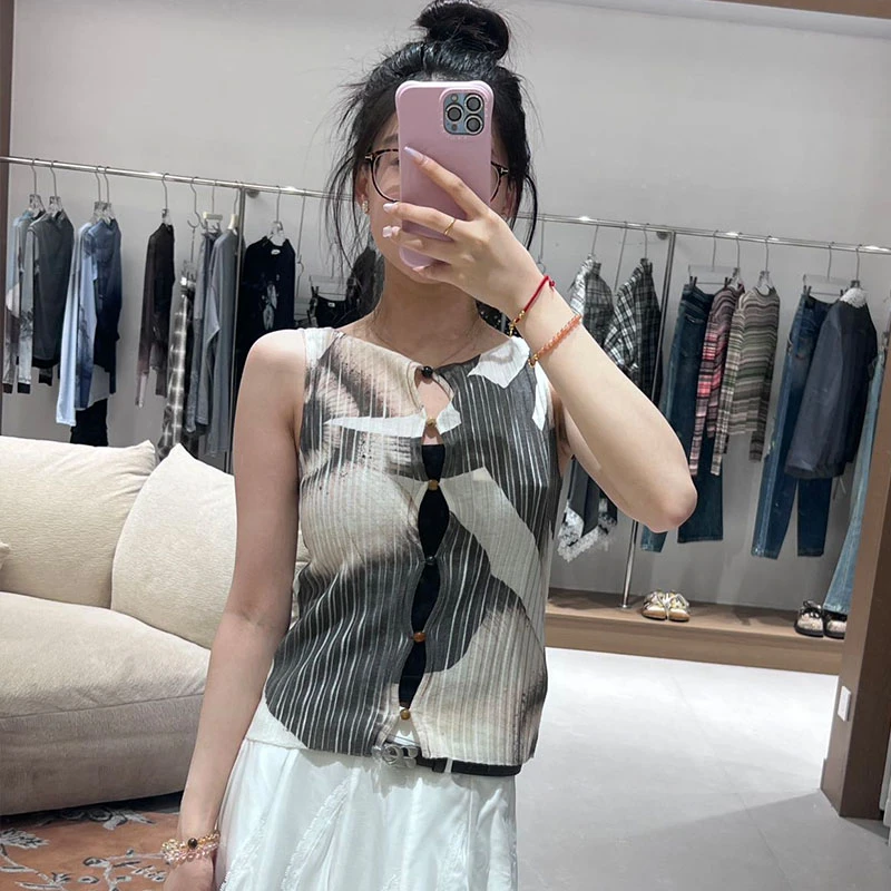 AVVENN2025夏季设计师新品时尚印花圆领背心无袖百搭上衣
