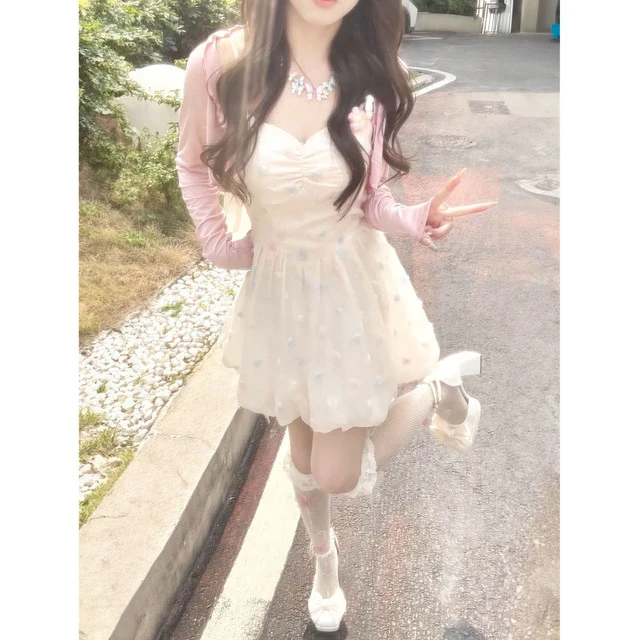 性感仙女清纯彩色波点白色花苞吊带裙女学生+粉色薄款披肩套装