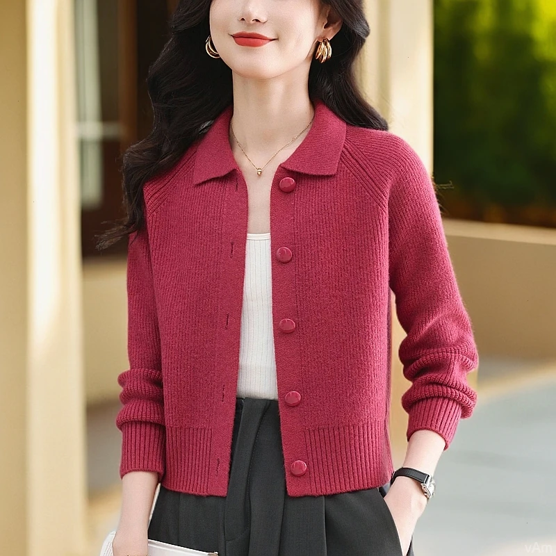 翻领针织开衫外套女短款2025新款宽松小个子外穿时尚洋气毛衣外套