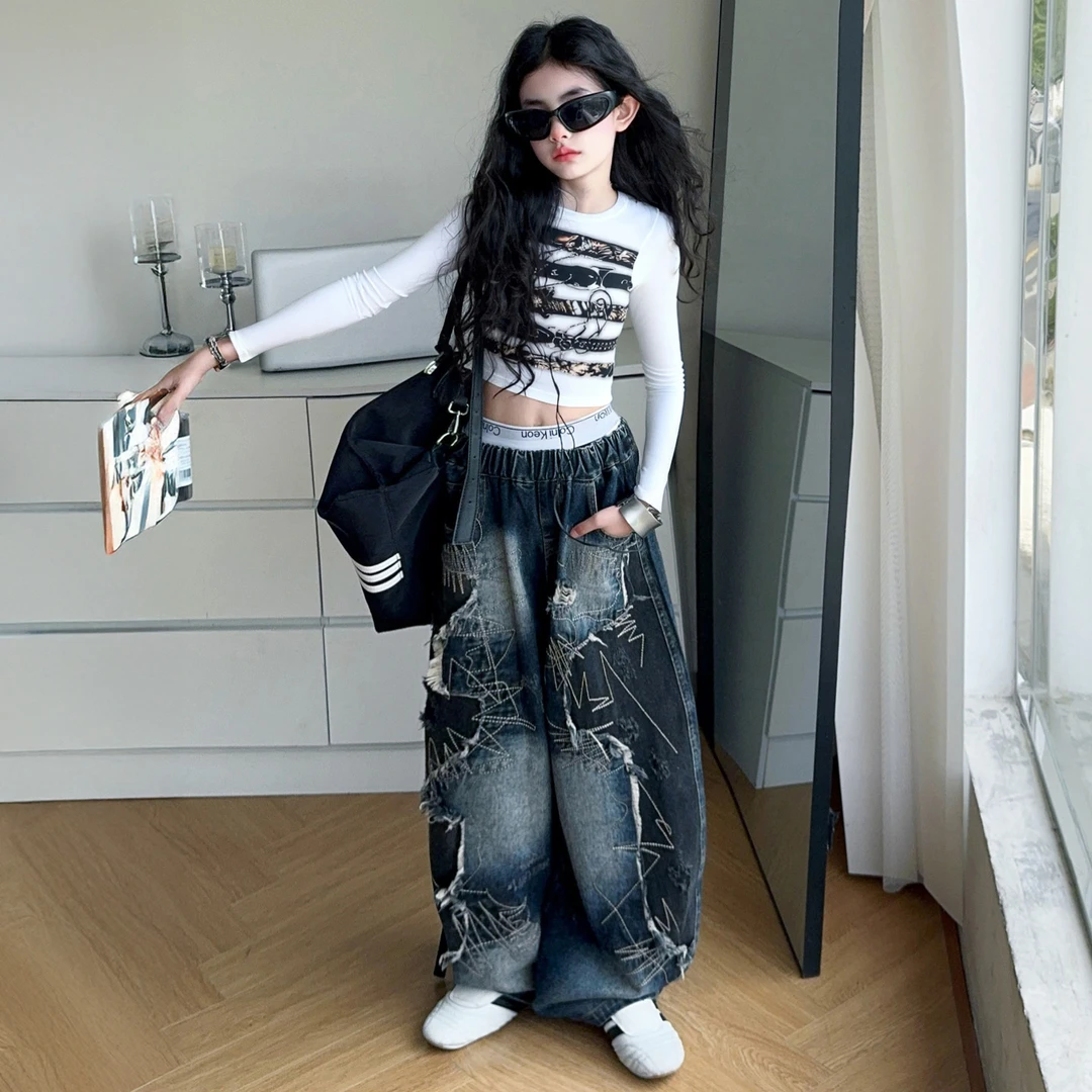 女童春秋长袖T恤套装2025新款女大童秋季宽松刺绣牛仔阔腿裤套装