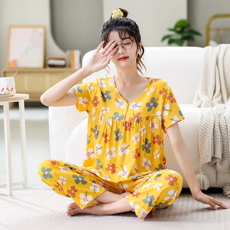 棉绸睡衣女乘凉夏天中年人造棉两件套装妈妈装短袖长裤休闲在家穿