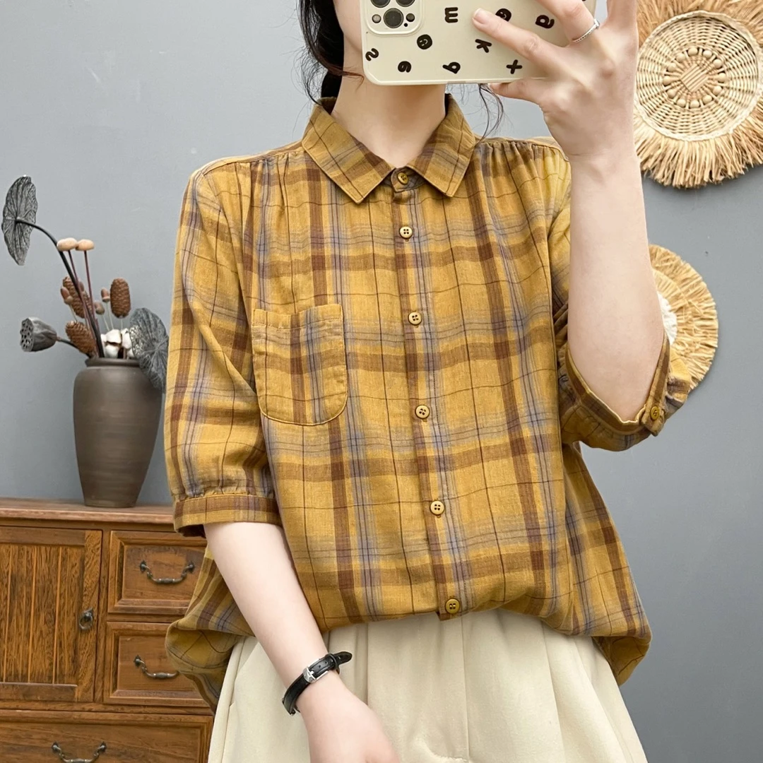 新款女双层棉纱百搭五分短袖夏季V领纯色碎花衬衫显瘦大码中袖女