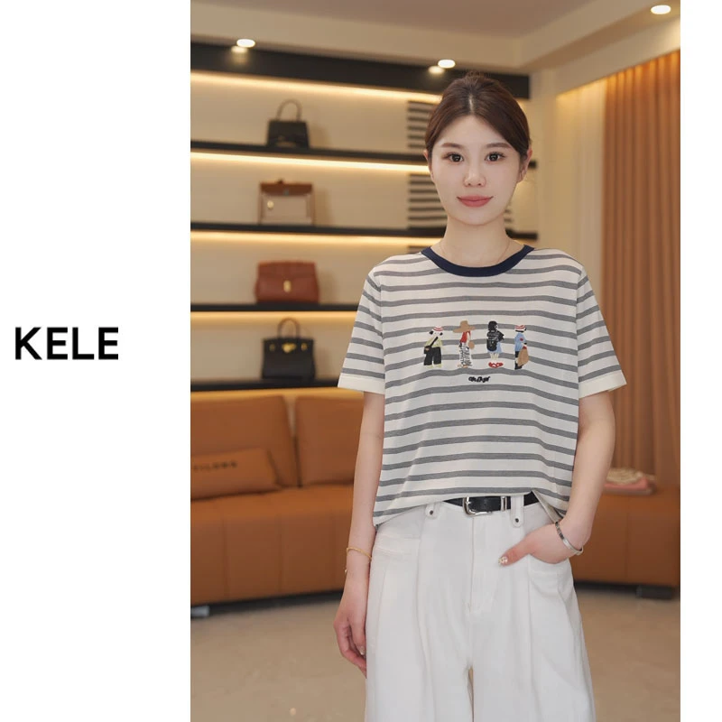 【100%天丝】天丝莱赛尔刺绣圆领条纹短袖女 夏季宽松t恤