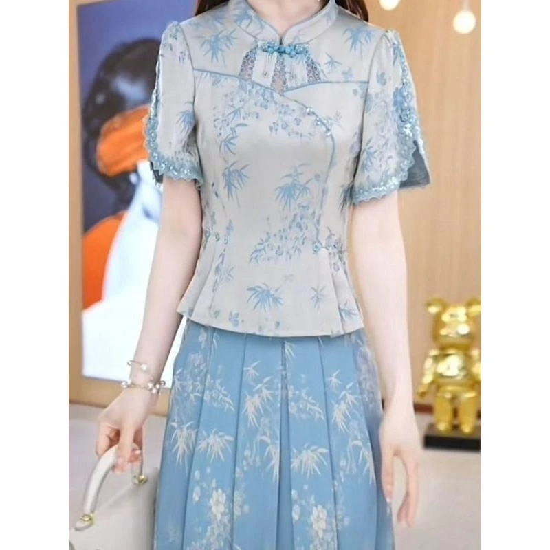冰丝缎洋气两件套上衣半身裙子2025夏季新款刺绣显瘦遮肉气质套装