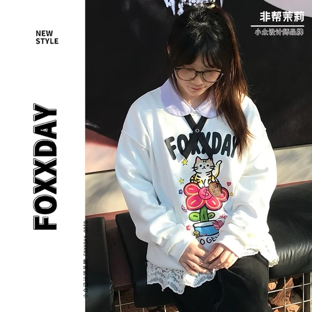 FOXXDAY招财猫·卡通动漫潮流印花卫衣圆领长袖女oversize小众