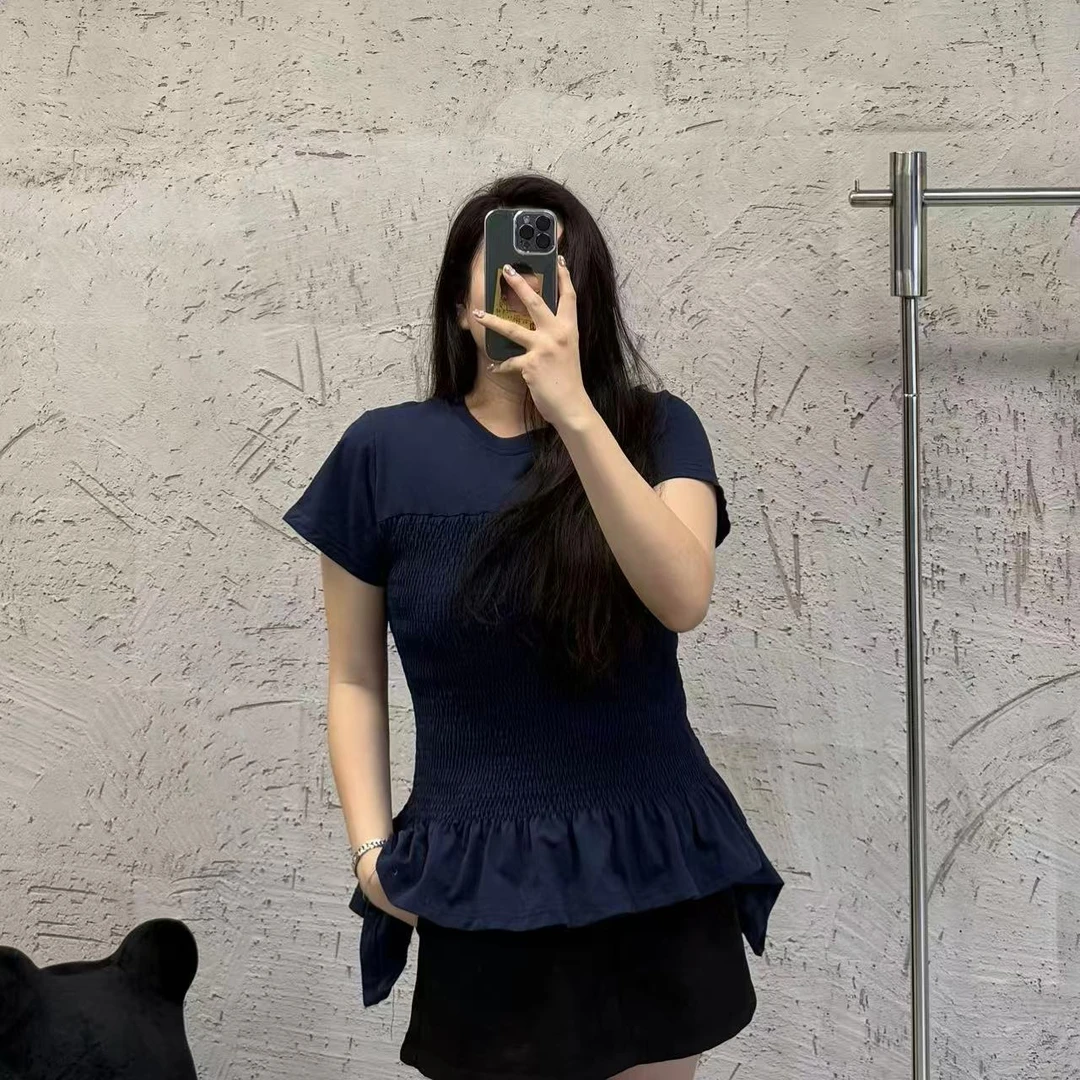 《大韩韩推荐》两色褶皱T恤大码女装夏季显瘦微胖修身百搭气质舒适