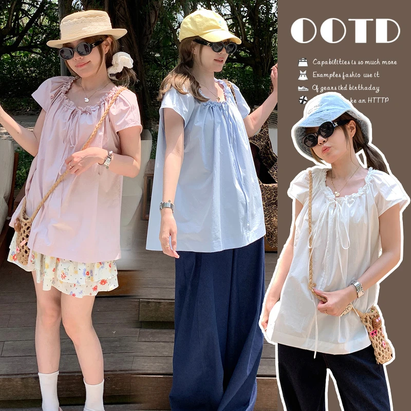 孕妇装夏季新款韩版气质领口抽褶上衣+抽绳半身裙宽松显瘦两件套