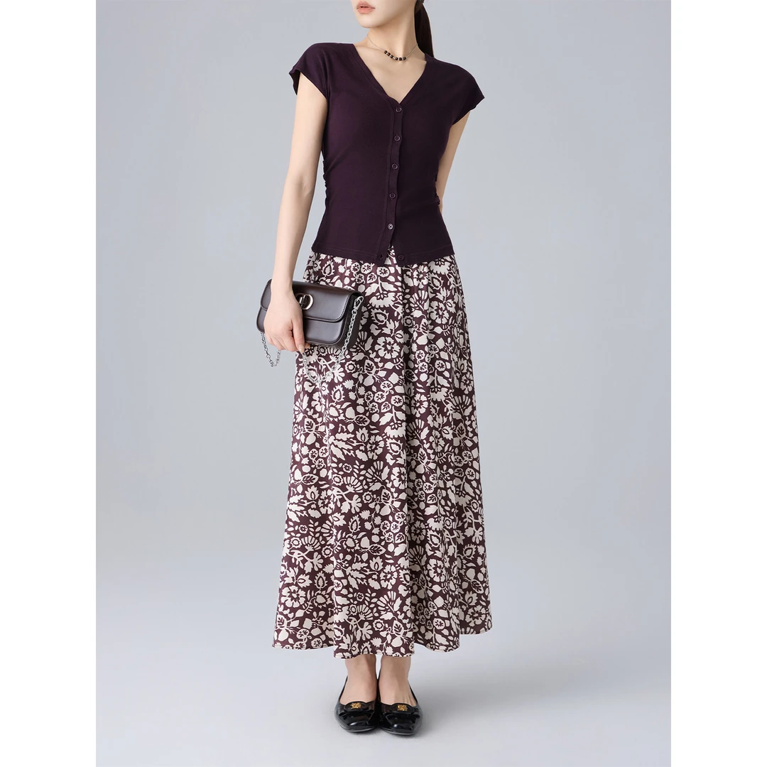 老敏哥【T恤伴侣】紫藤花印花干爽丝滑弹力腰显瘦半身裙S05096922