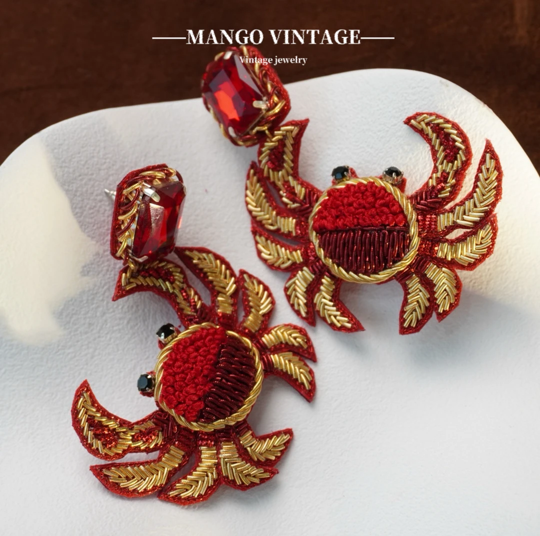 铜合金耳饰 法绣螃蟹气质时尚轻奢可爱耳钉【正品中古】1