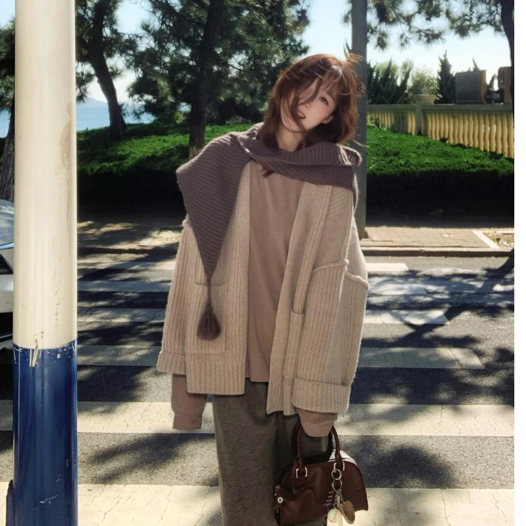 韩系复古风通勤慵懒感针织外套女2025秋冬氛围感温柔宽松毛衣开衫