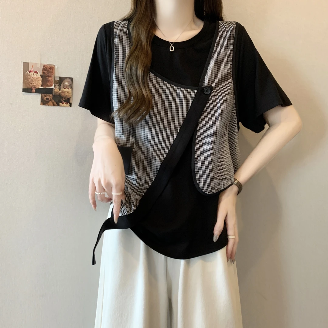 遮肚子不规则拼接短袖t恤女夏季微胖大码时尚设计感显瘦格子上衣