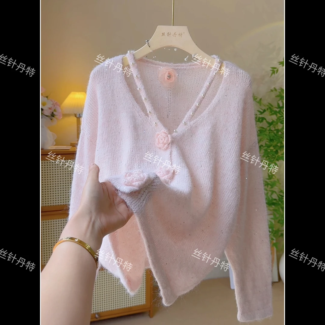 1早秋新款钉珠亮片花朵设计感针织开衫甜美软糯宽松毛衣开衫外套