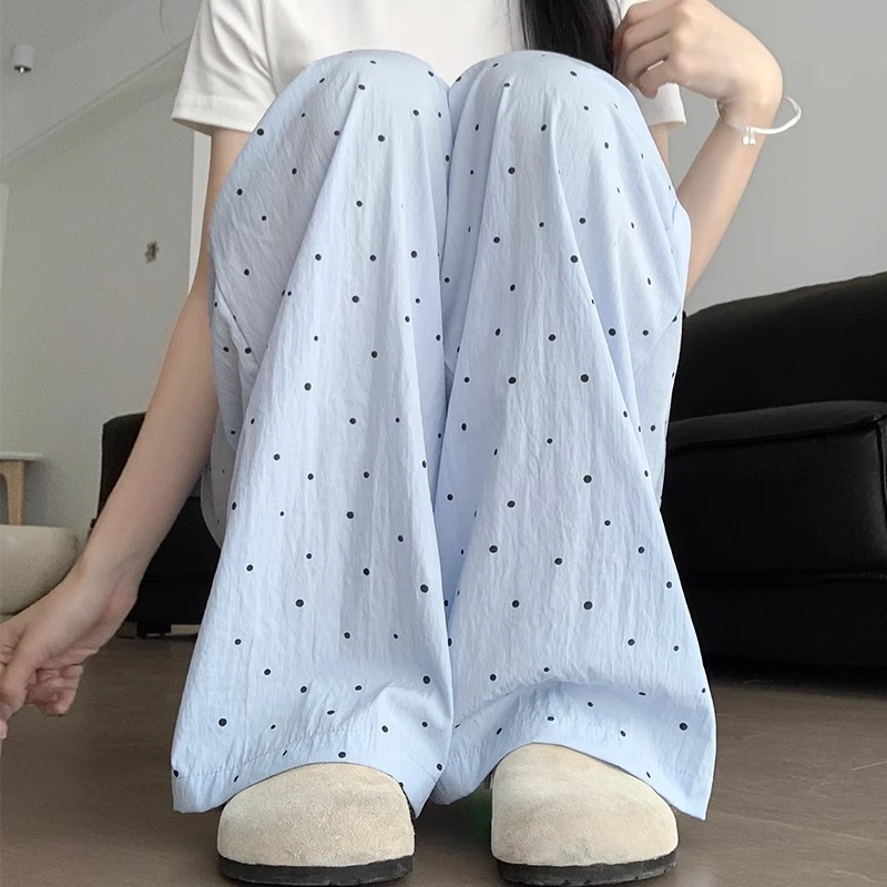 蓝色波点阔腿裤女夏季薄2025新款休闲小个子肌理感慵懒冰丝山本裤