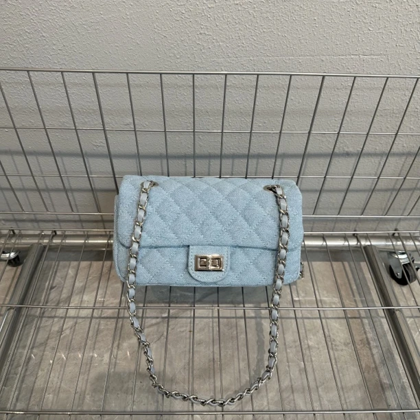 小众时尚休闲百搭圆筒方形法式菱格简约编织牛仔链条包单肩斜挎包