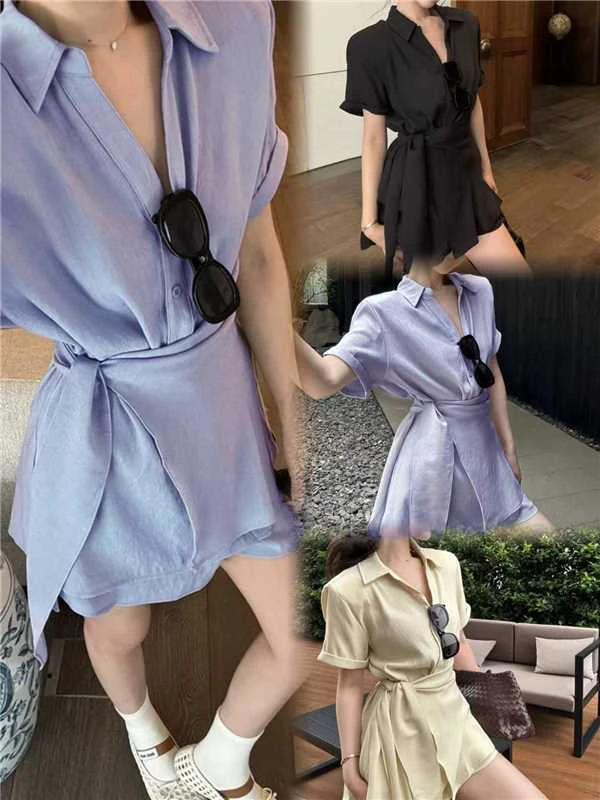 夏季新款设计感翻领收腰不规则显瘦上衣高腰薄款短裤套装