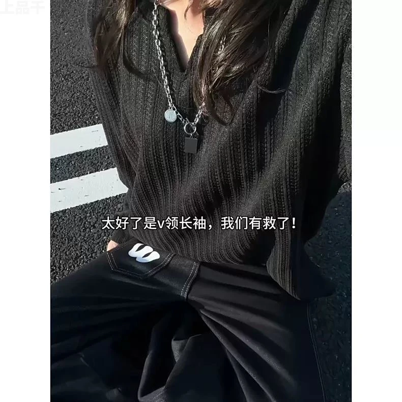 2025春秋新款小香风千鸟格v领长袖t恤男款clean通勤穿搭简约设计