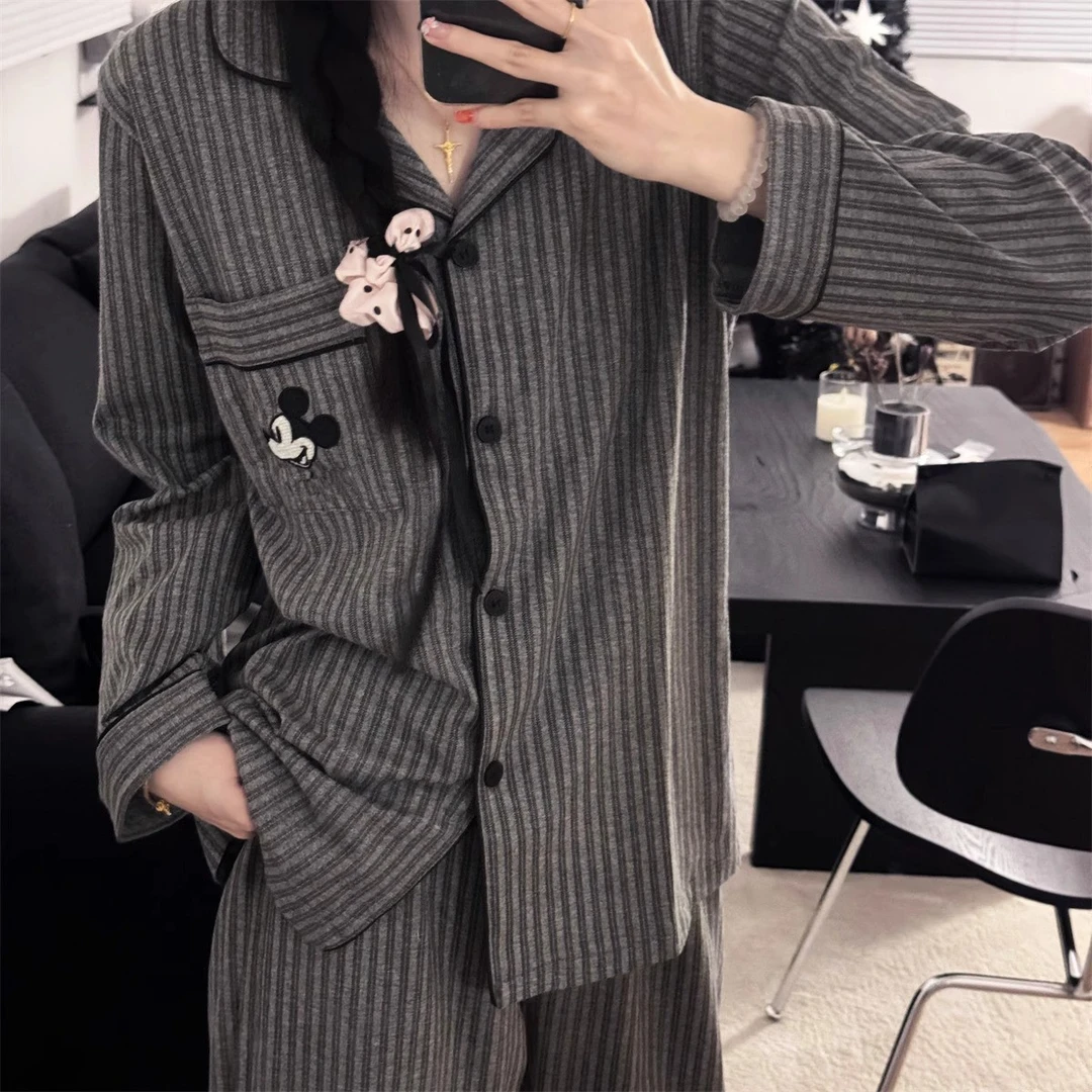 【长袖线条米奇灰】春秋可爱卡通竖条休闲韩版睡衣家居服套装