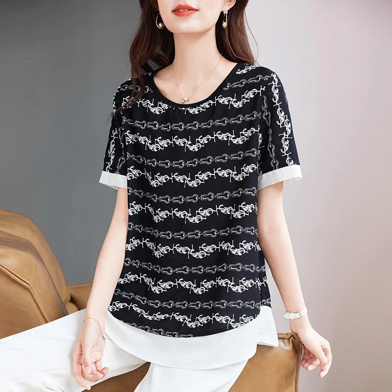 中长款遮肚雪纺衫2025年夏季新款洋气短袖大码女胖mm假两件上衣女