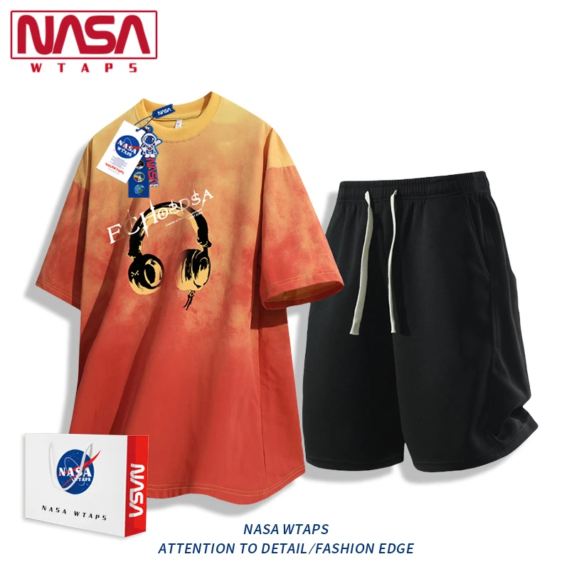 NASA WTAPS冰丝休闲运动套装男款渐变耳机印花短袖t恤五分裤一套