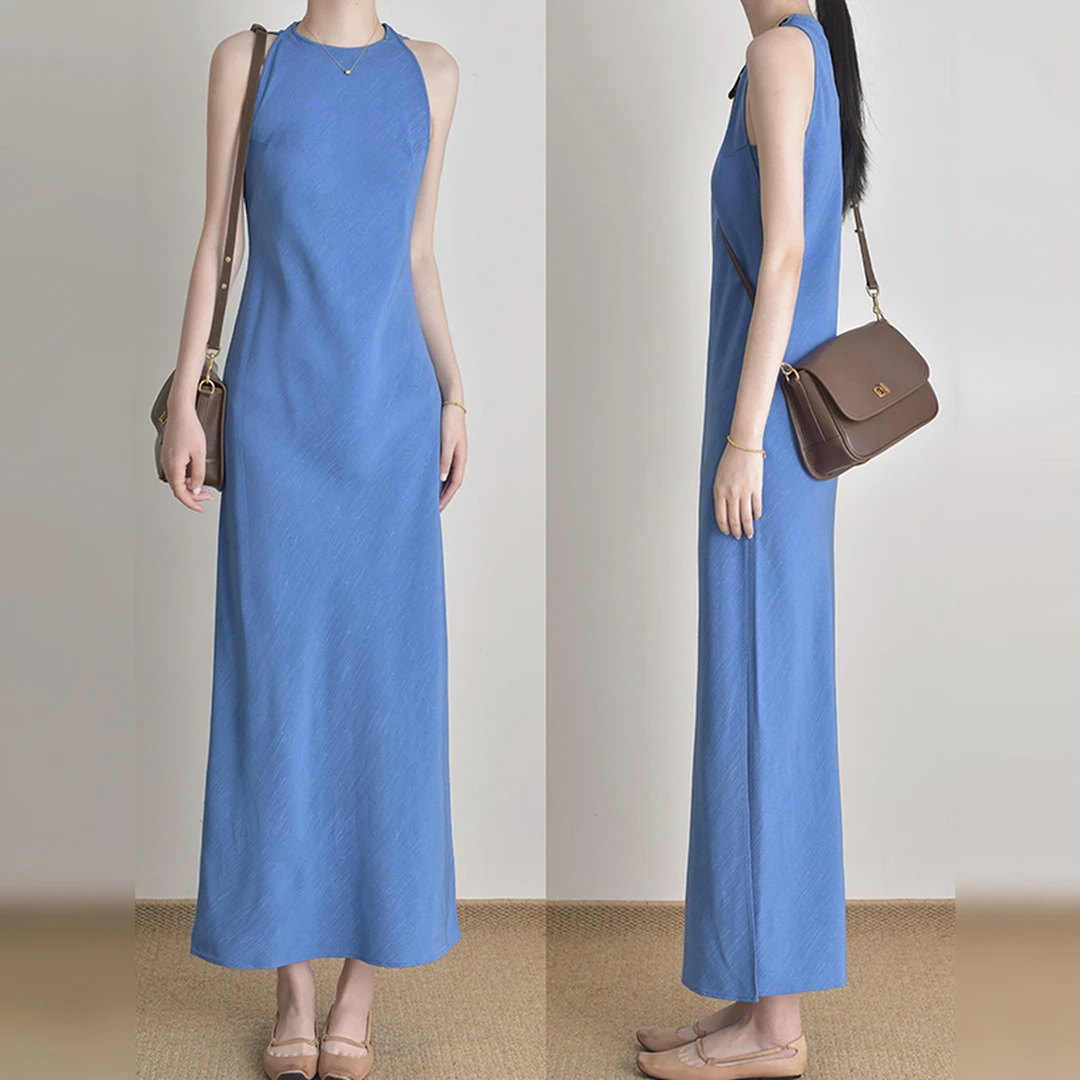 法式复古蓝色背心连衣裙子女新款夏季海边度假风收腰气质长裙3510