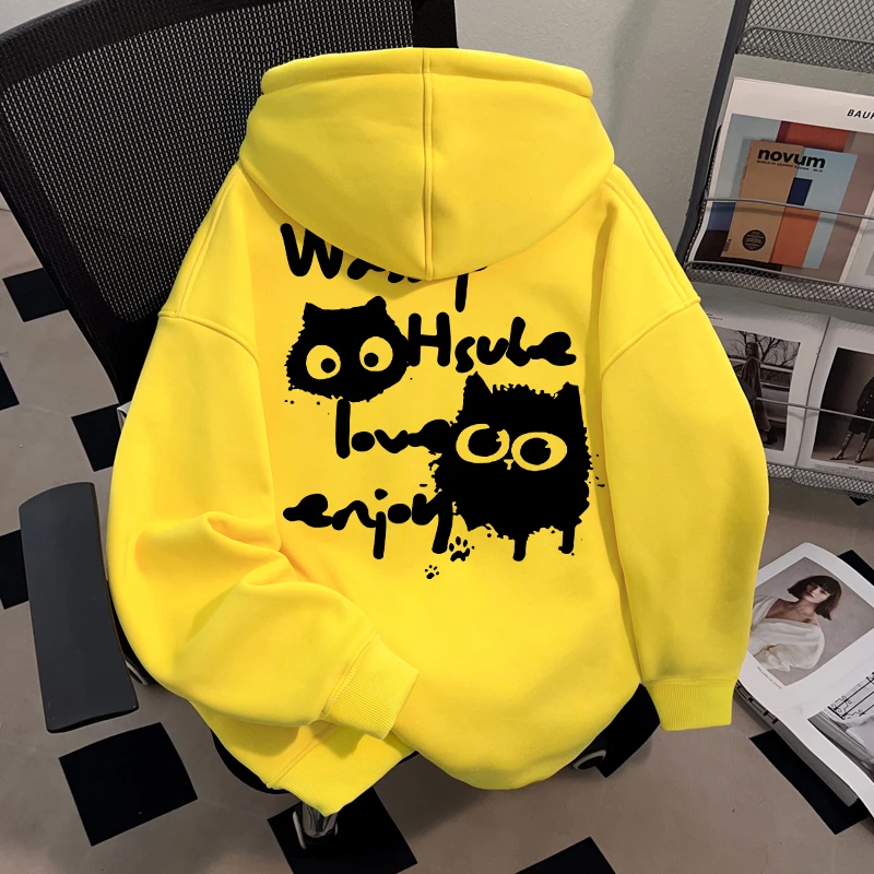 WASSUP HSUBE美式猫猫趣味休闲情侣连帽卫衣重磅潮牌chic宽松上衣