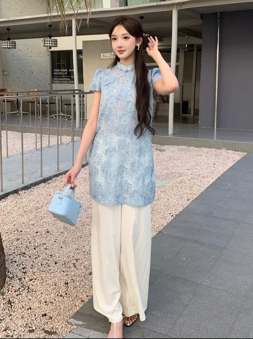 BUWAN国风改良旗袍上衣+阔腿裤两件套2524