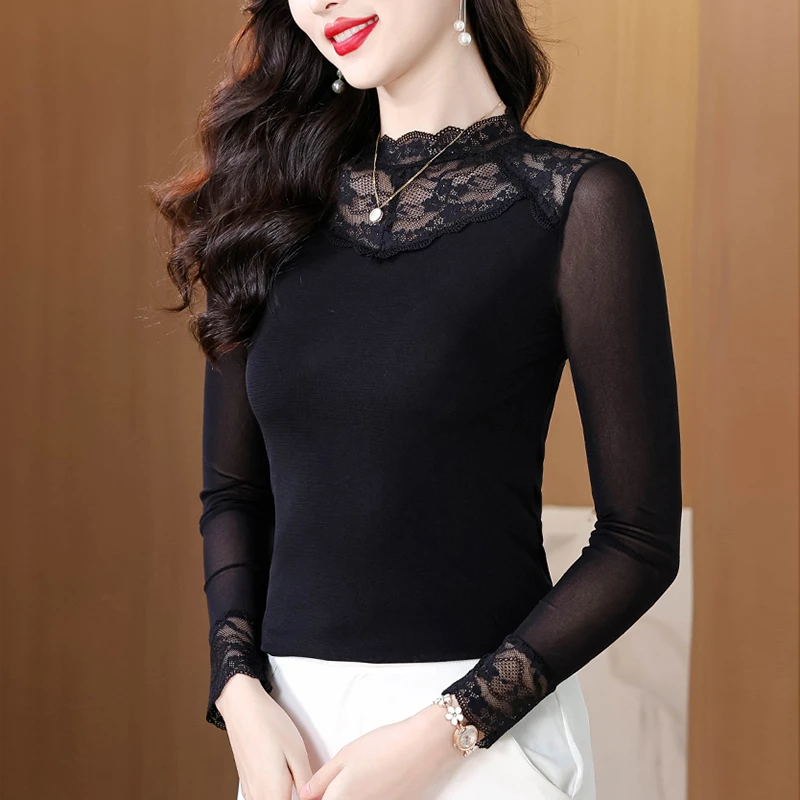优雅百搭蕾丝拼接长袖打底衫T恤女秋时尚弹力修身显瘦上衣女1790