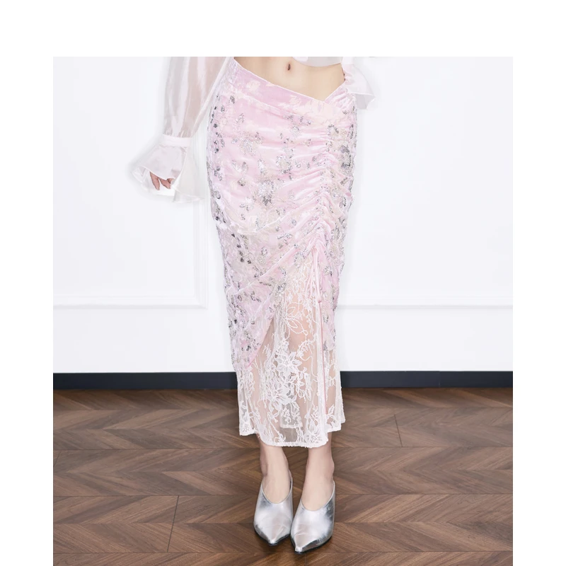 密扇云瑶之境紧身抽皱丝绒半裙M253C27039350