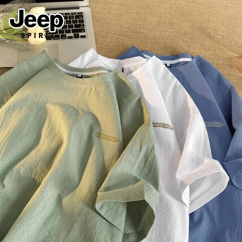 吉普速干刺绣短袖t恤男夏季百搭时尚情侣绿色中国风潮牌七分袖