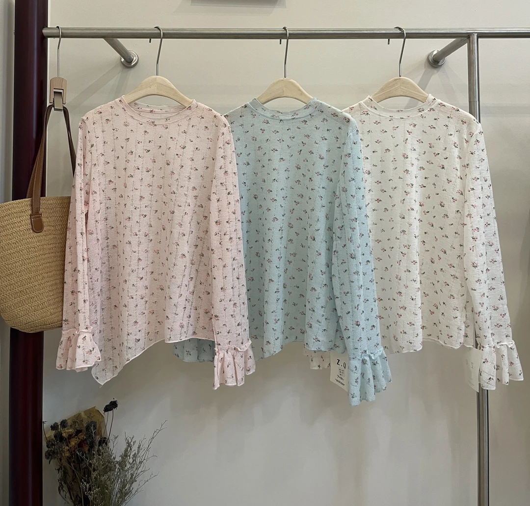 ZQ4（1838）镂空不规则小碎花打底上衣kc