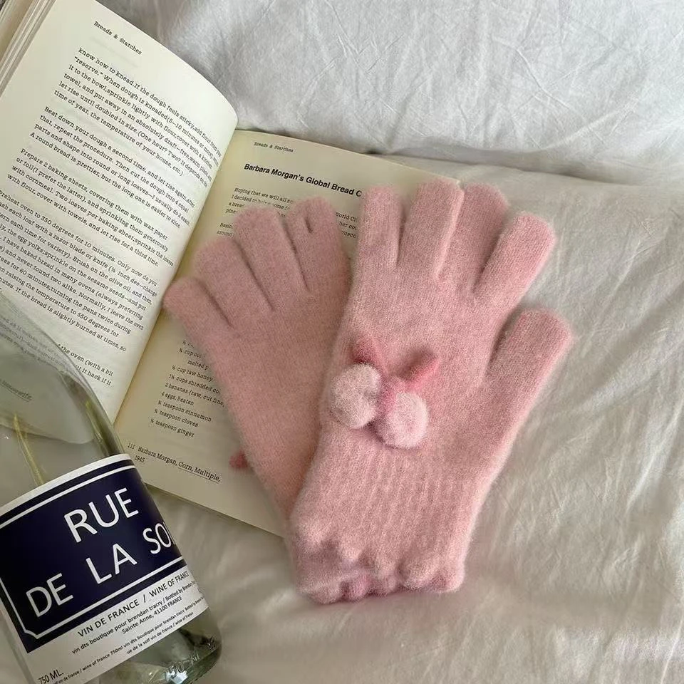 现货库存可爱蝴蝶结针织手套女秋冬季五指分指保暖骑车适用百搭